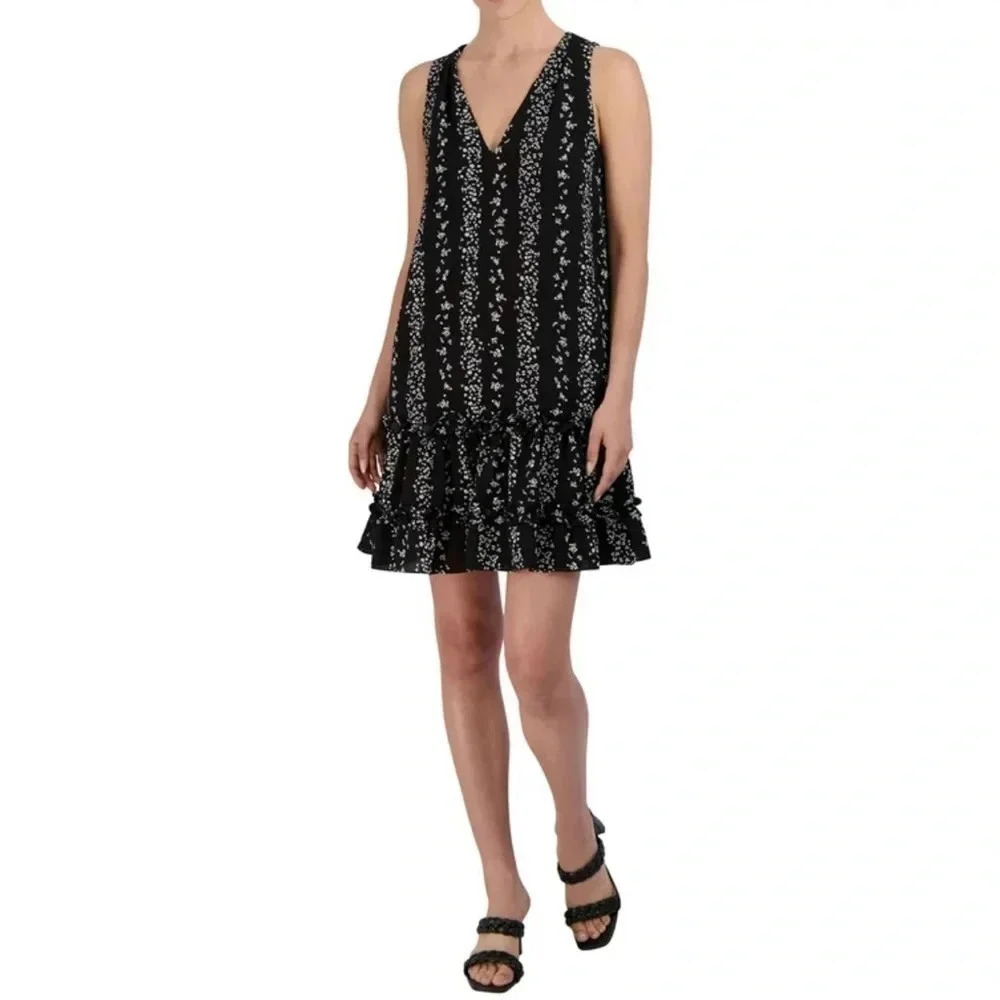 BCBG Paris V-Neck dress Black & White Sleeveless Ruffle Flowy Cocktail Size S